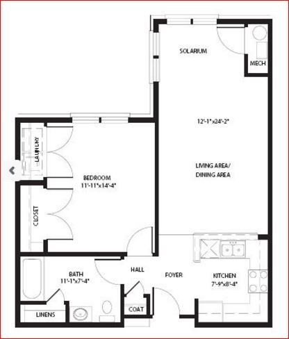 Floor plan for 1 bed, 1 bath